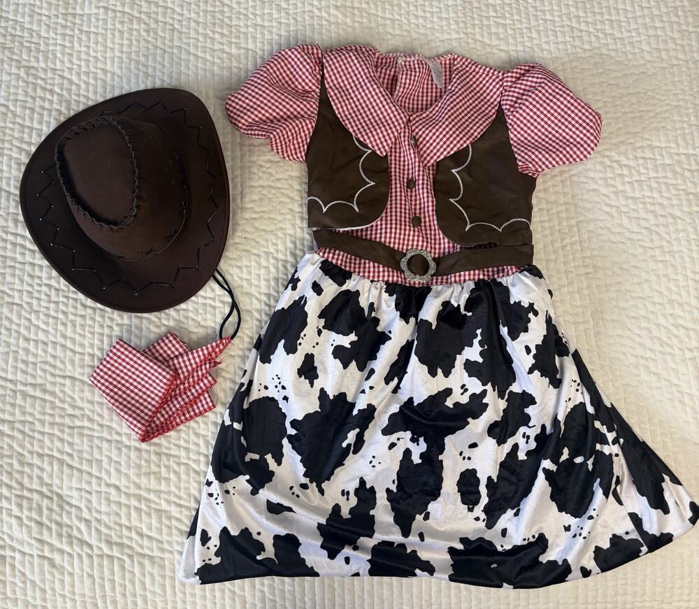 Girls Cowgirl Costume Size 7-8 Western Cowboy Dress Hat Bandana Halloween